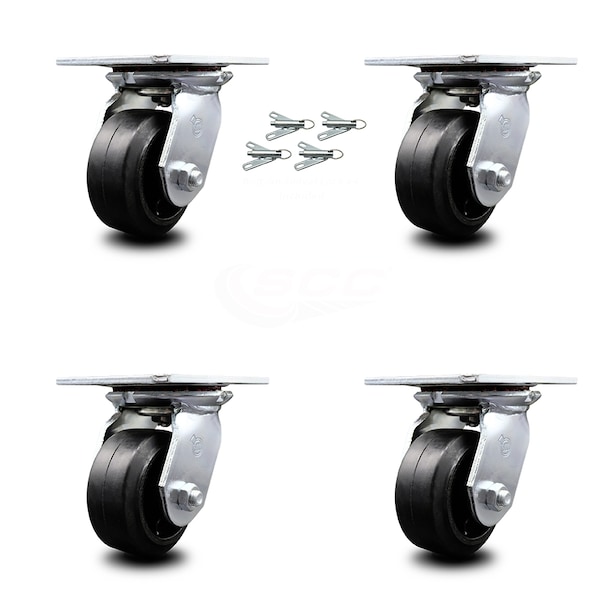 4 Inch Rubber on Steel Caster Set with Ball Bearings and Swivel Locks SCC
